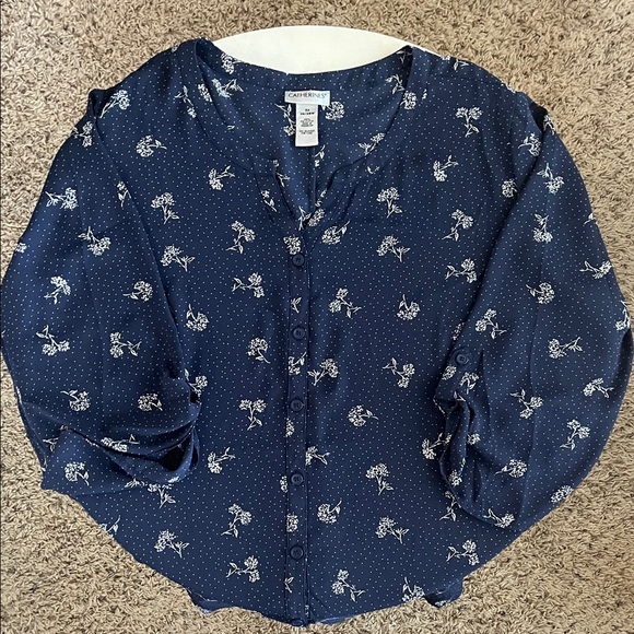 Catherines Top 3X 26/28W Dark Blue White Floral Polka Dot Button Sleeve - Picture 1 of 13